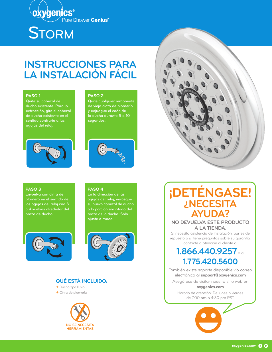 Deténgase, Torm, Necesita ayuda | Instrucciones para la instalación fácil | Oxygenics Storm User Manual | Page 2 / 2