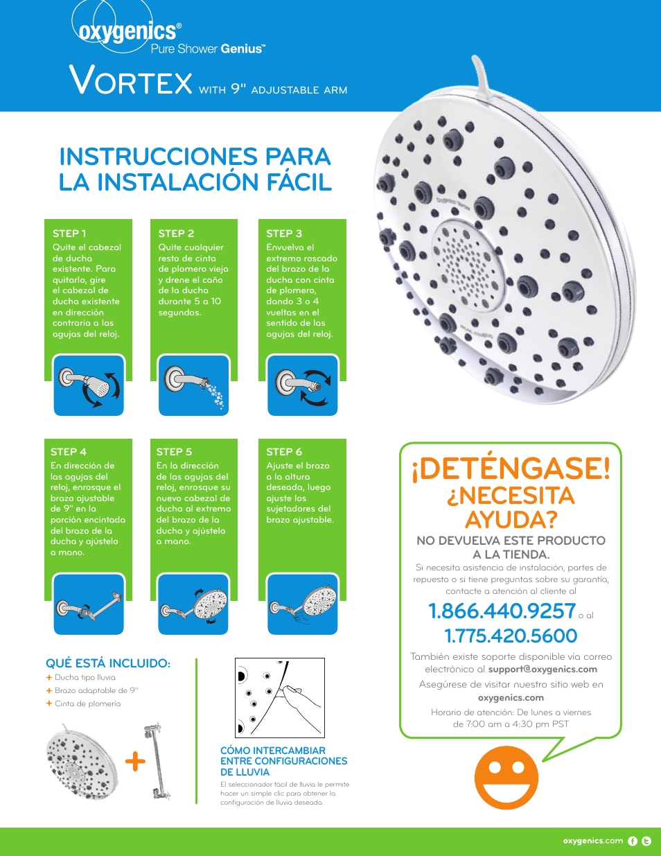 Deténgase, Ortex, Necesita ayuda | Instrucciones para la instalación fácil | Oxygenics Vortex User Manual | Page 2 / 2