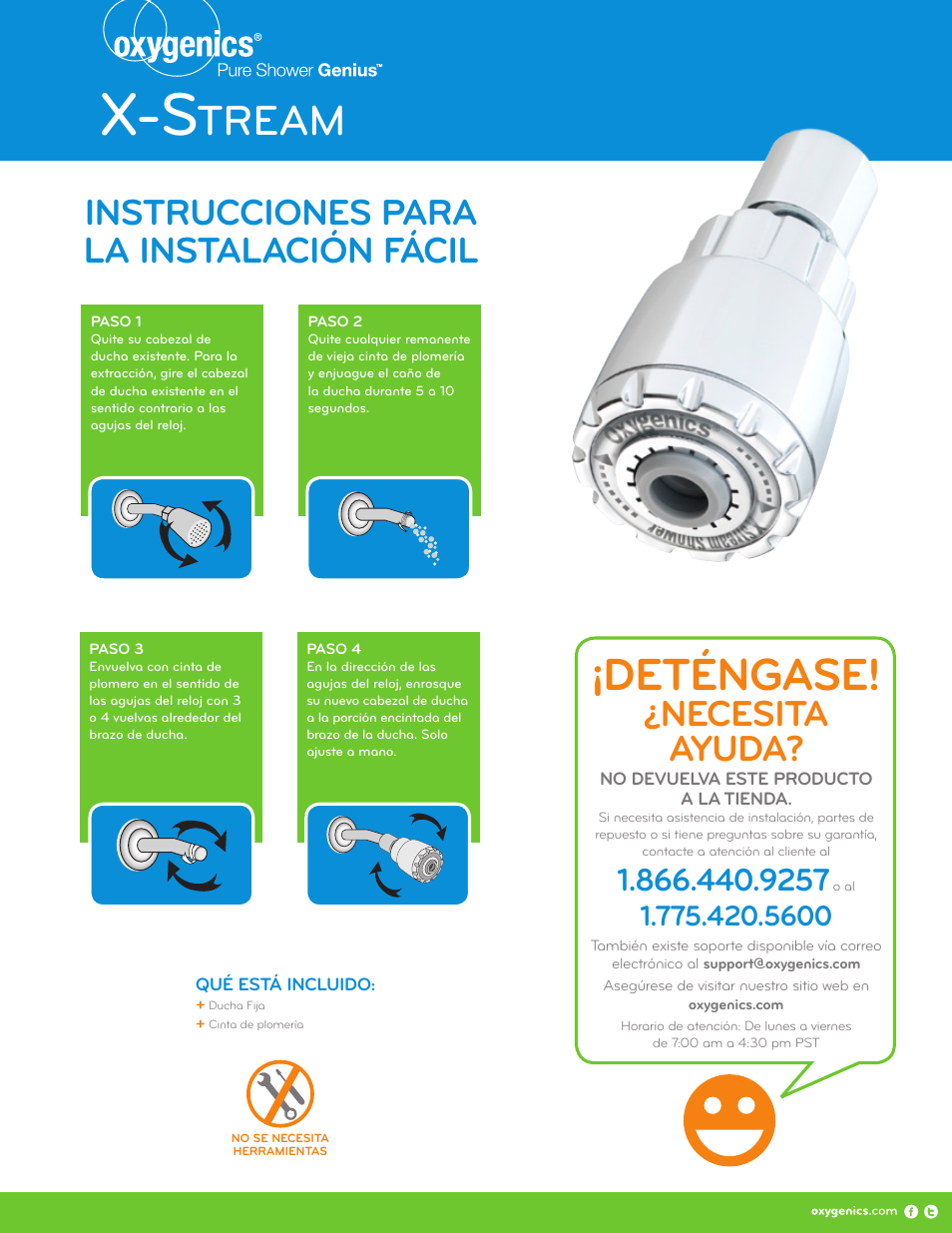 Deténgase, Tream, Necesita ayuda | Instrucciones para la instalación fácil | Oxygenics X-Stream User Manual | Page 2 / 2