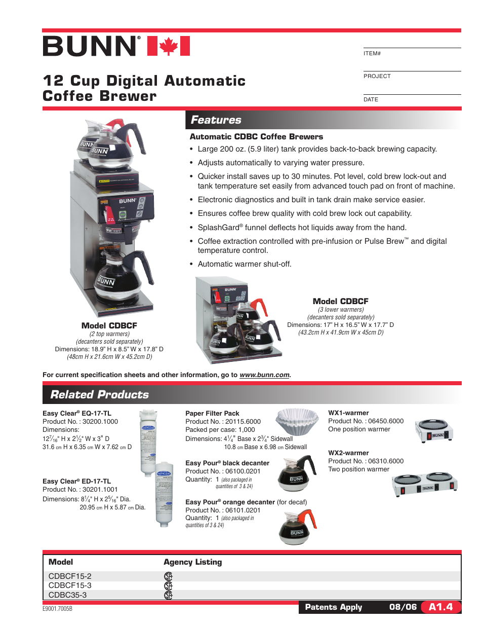Bunn CDBCF15-2 User Manual | 2 pages