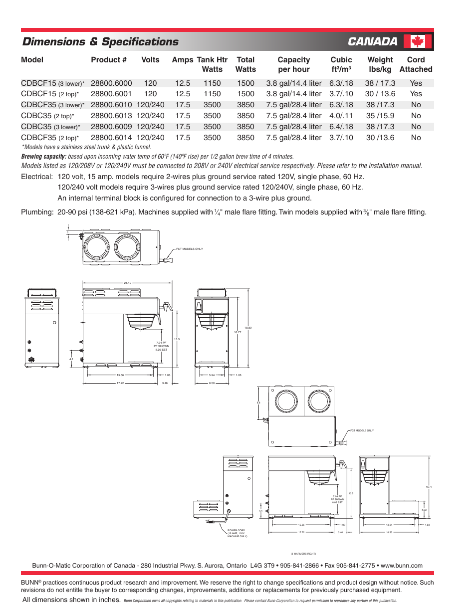 Dimensions & specifications, Canada | Bunn CDBCF15-2 User Manual | Page 2 / 2