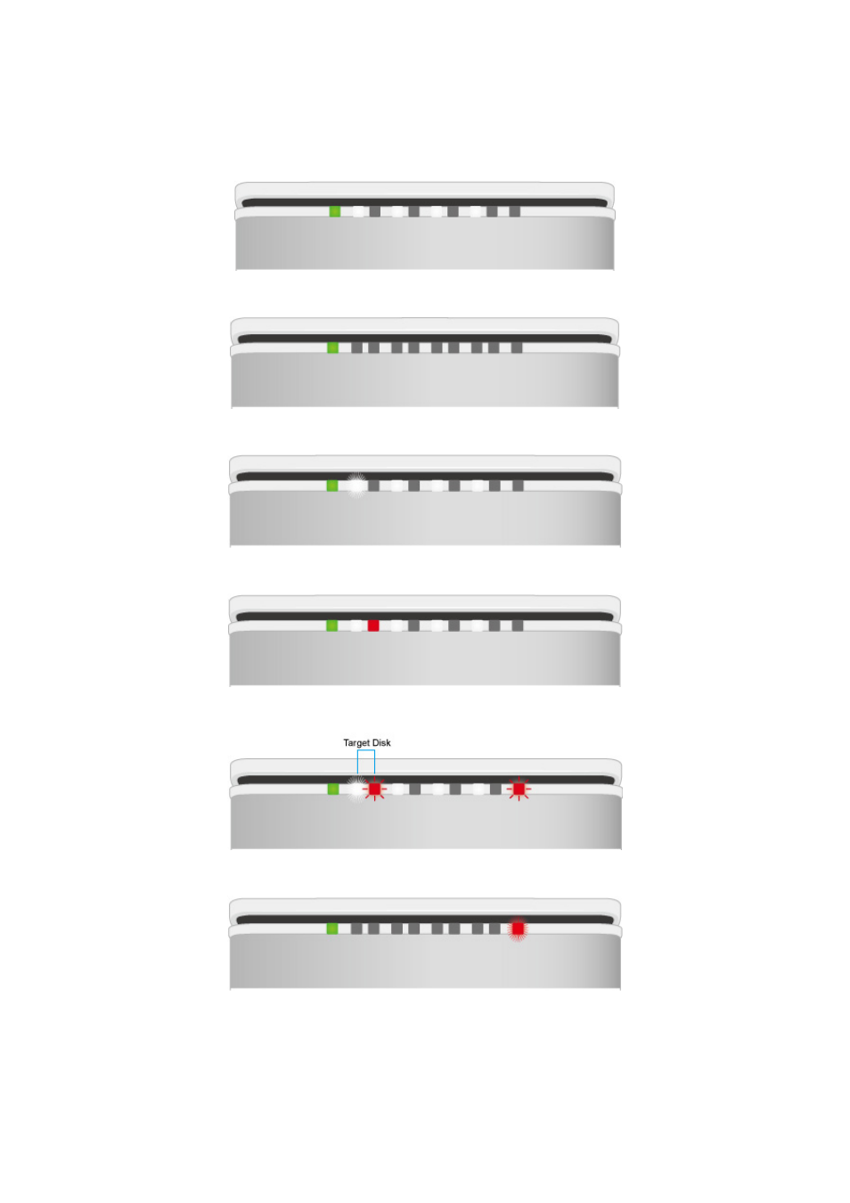 All disks: inserted / detected, All disks: not inserted / detected, All disks: disk 4 data access only | All disks: disk 4 error only, All disks: disk 4 rebuild only, Fan: error | Oyen Digital DATATALE RS-M4T 4-BAY THUNDERBOLT User Manual | Page 21 / 55