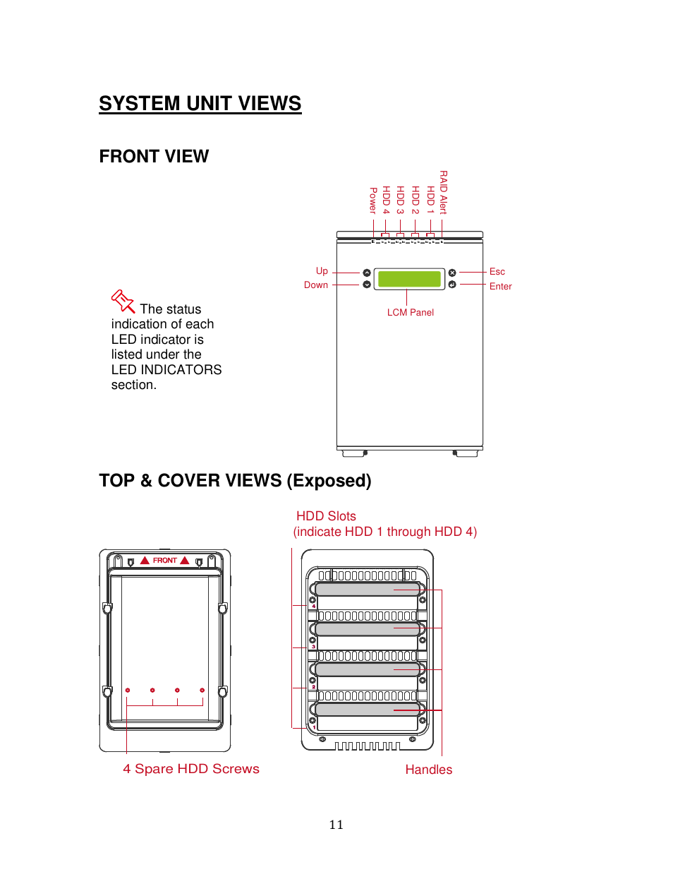 System unit views, Front view, Top & cover views (exposed) | Oyen Digital DATATALE RC-M4QJ 4-BAY RAID User Manual | Page 11 / 79