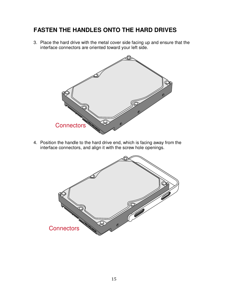 Fasten the handles onto the hard drives, Connectors | Oyen Digital DATATALE RC-M4QJ 4-BAY RAID User Manual | Page 15 / 79