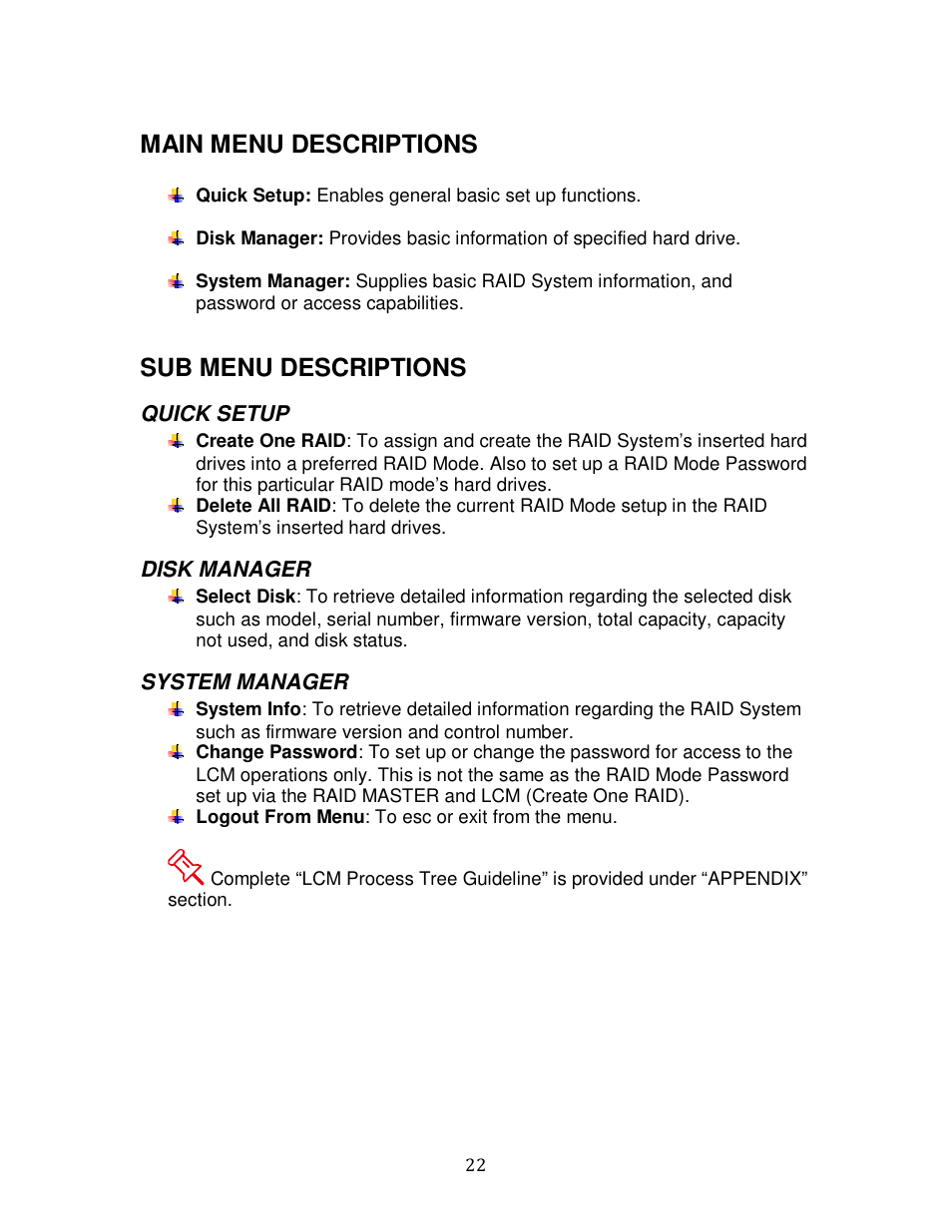 Main menu descriptions, Sub menu descriptions | Oyen Digital DATATALE RC-M4QJ 4-BAY RAID User Manual | Page 22 / 79