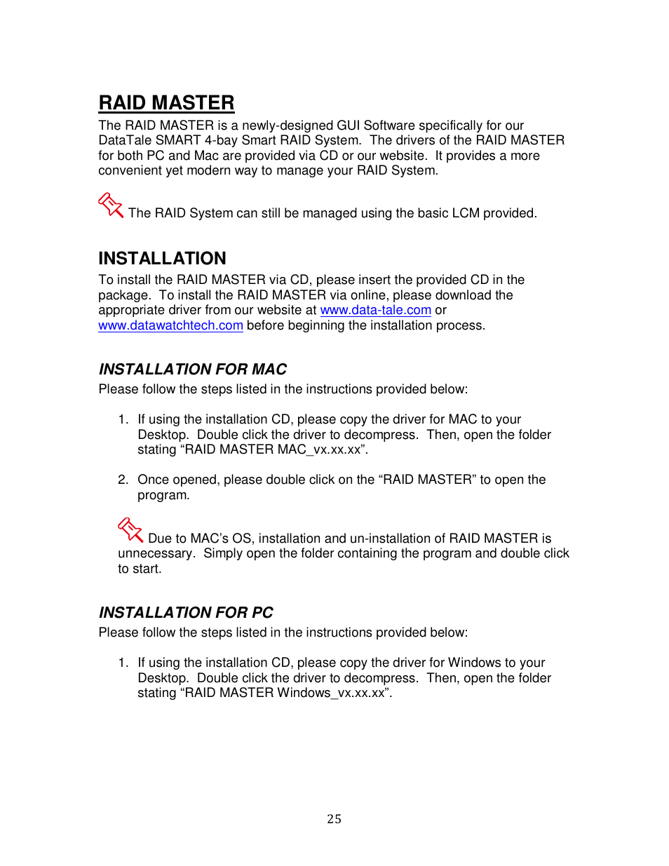 Raid master, Installation | Oyen Digital DATATALE RC-M4QJ 4-BAY RAID User Manual | Page 25 / 79