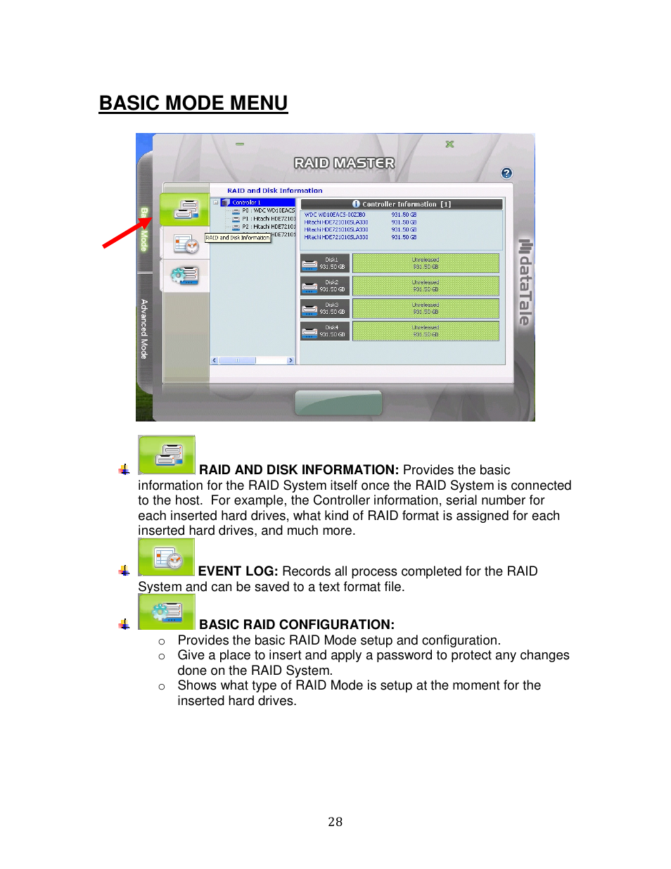 Basic mode menu | Oyen Digital DATATALE RC-M4QJ 4-BAY RAID User Manual | Page 28 / 79