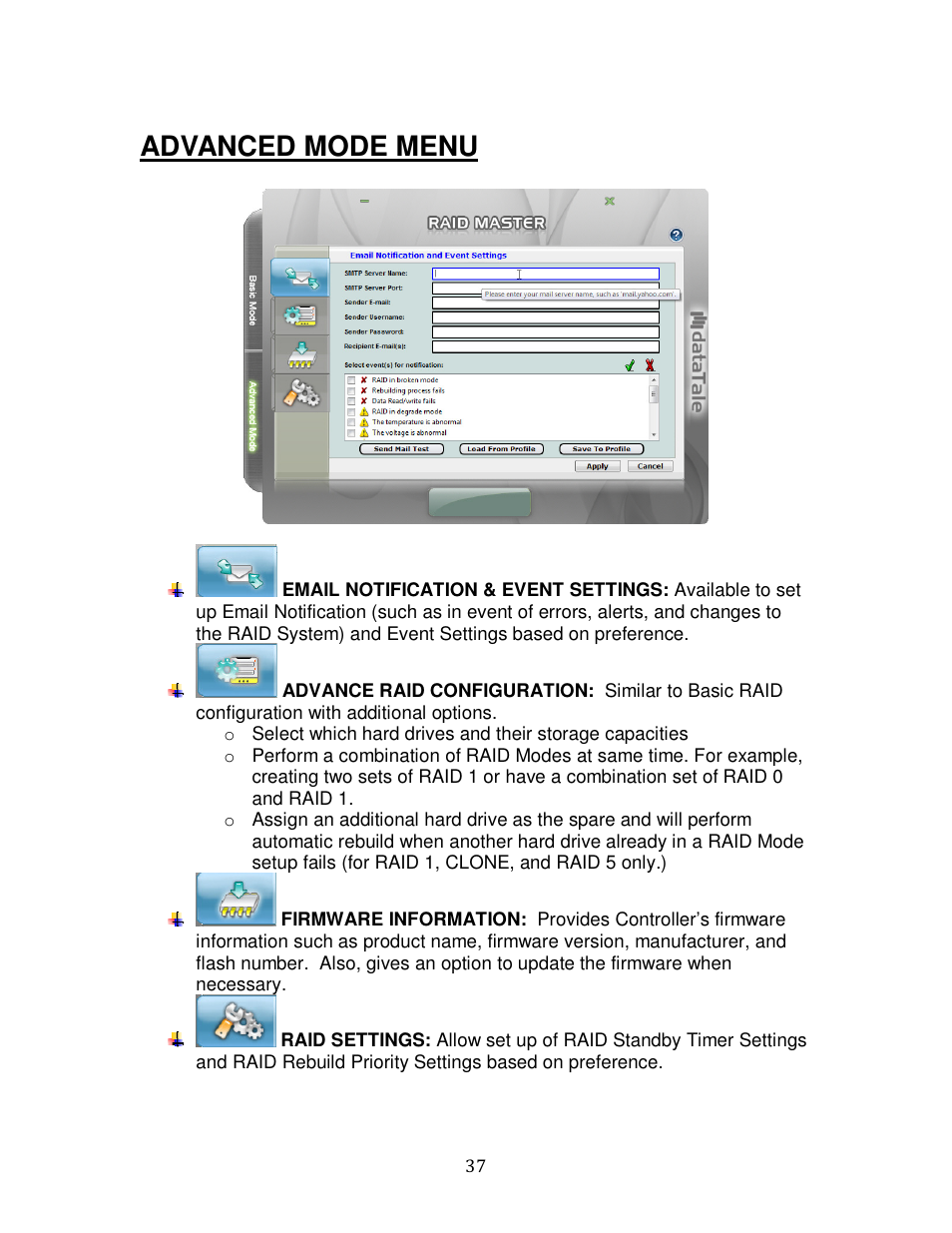 Advanced mode menu | Oyen Digital DATATALE RC-M4QJ 4-BAY RAID User Manual | Page 37 / 79