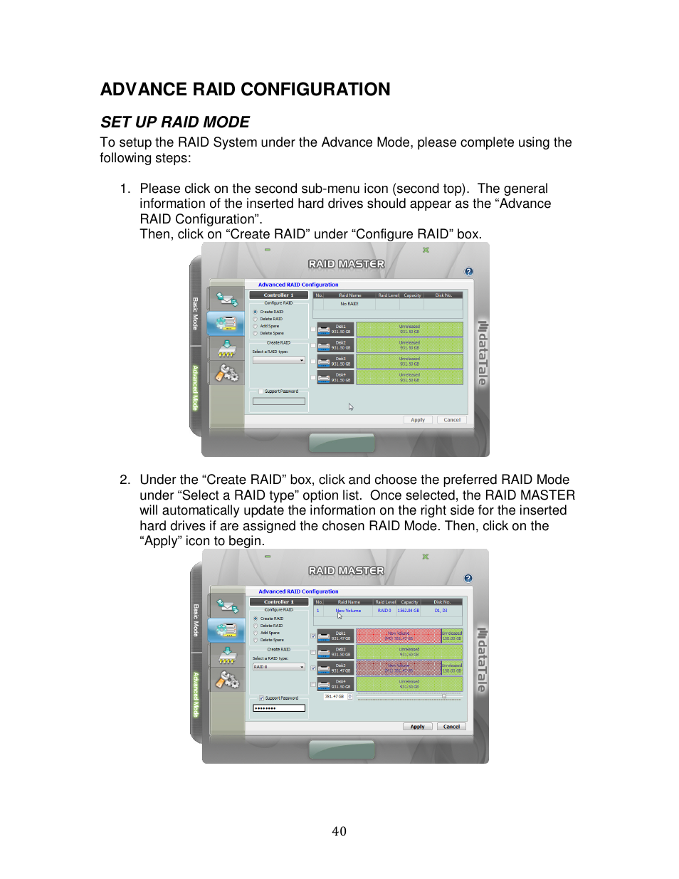 Advance raid configuration | Oyen Digital DATATALE RC-M4QJ 4-BAY RAID User Manual | Page 40 / 79