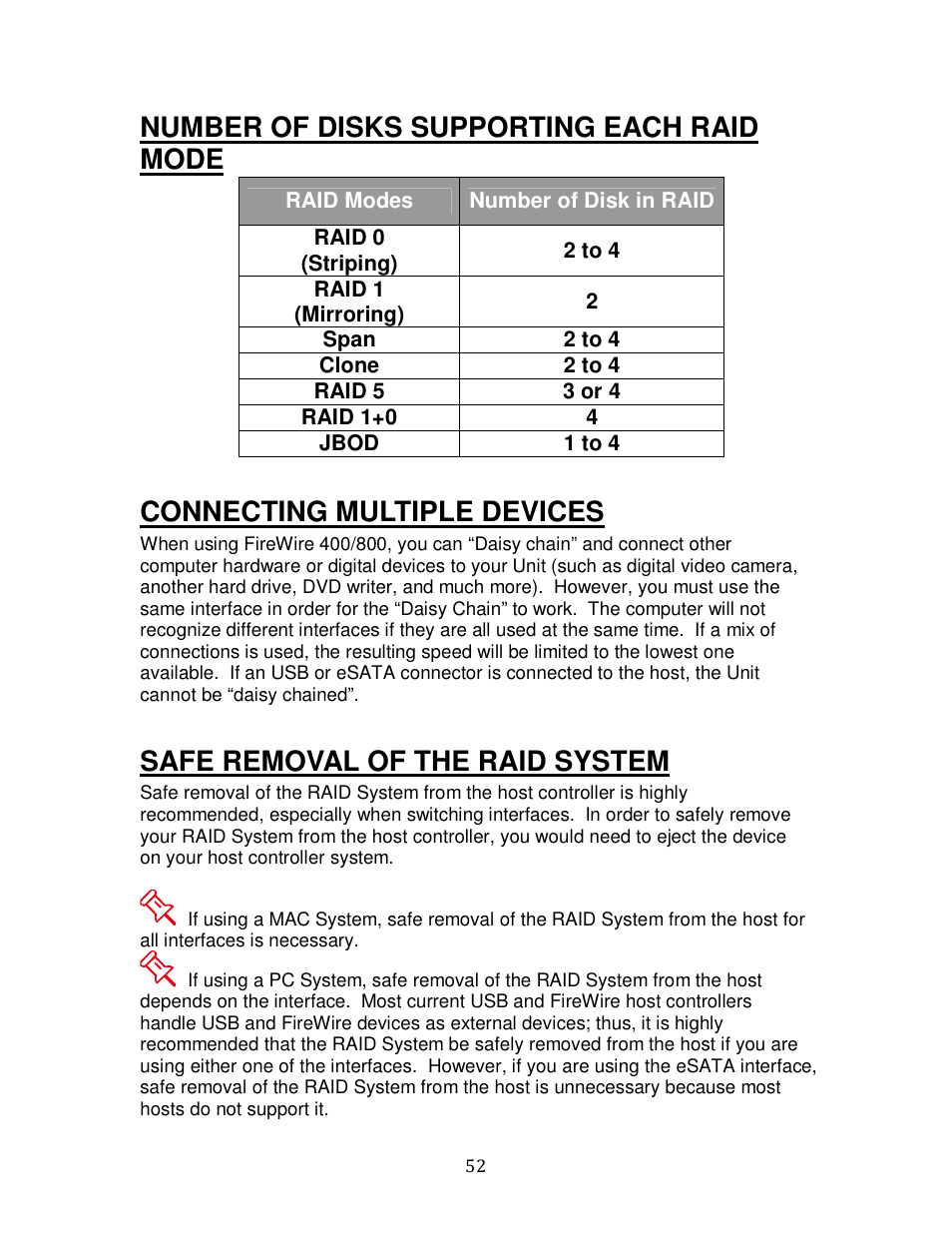 Number of disks supporting each raid mode, Connecting multiple devices, Safe removal of the raid system | Oyen Digital DATATALE RC-M4QJ 4-BAY RAID User Manual | Page 52 / 79