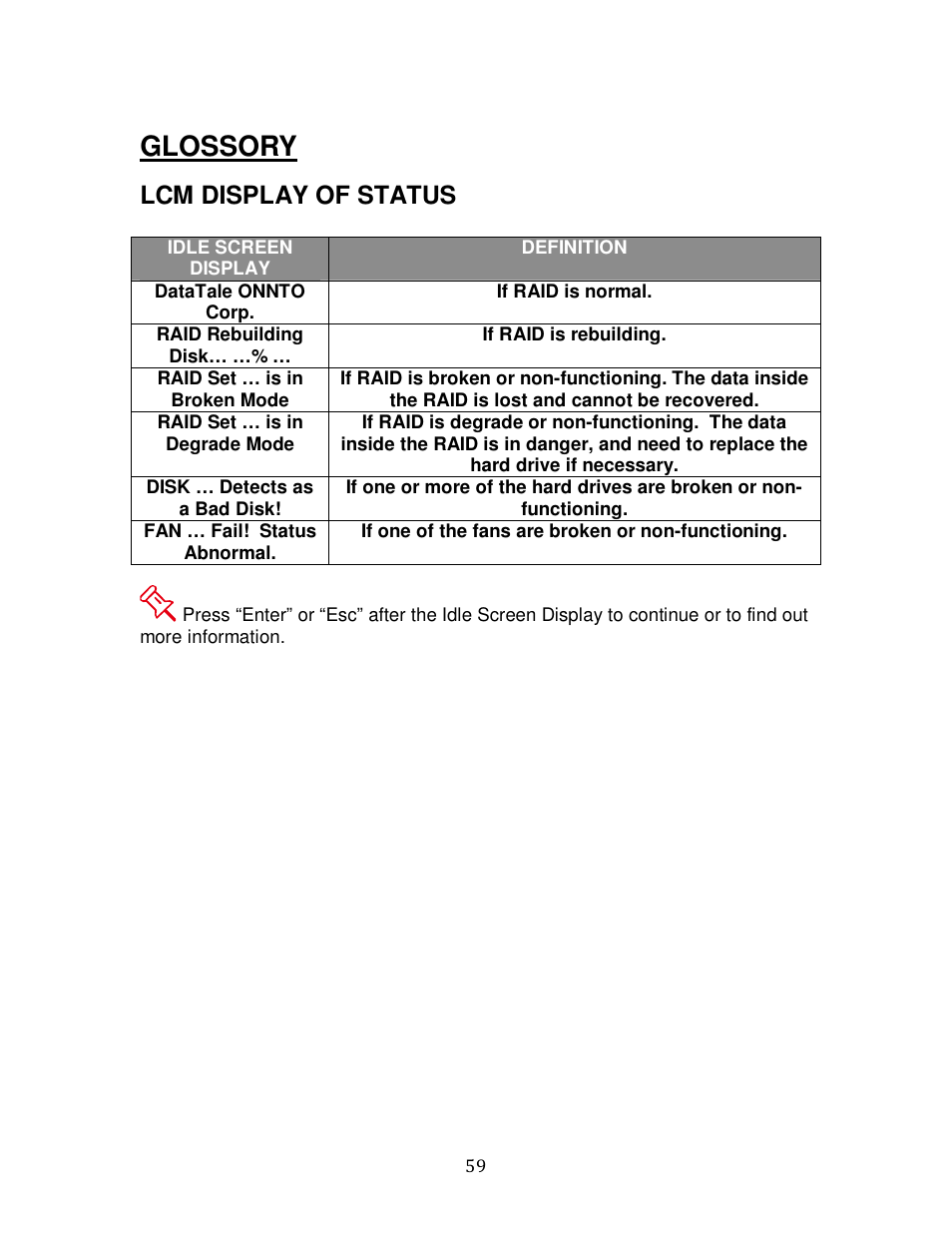 Glossory, Lcm display of status | Oyen Digital DATATALE RC-M4QJ 4-BAY RAID User Manual | Page 59 / 79