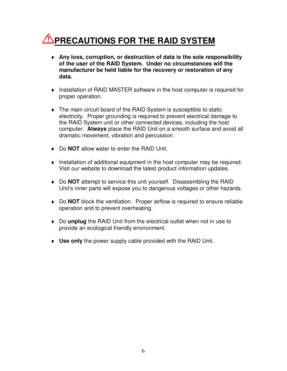 Precautions for the raid system | Oyen Digital DATATALE RC-M4QJ 4-BAY RAID User Manual | Page 6 / 79