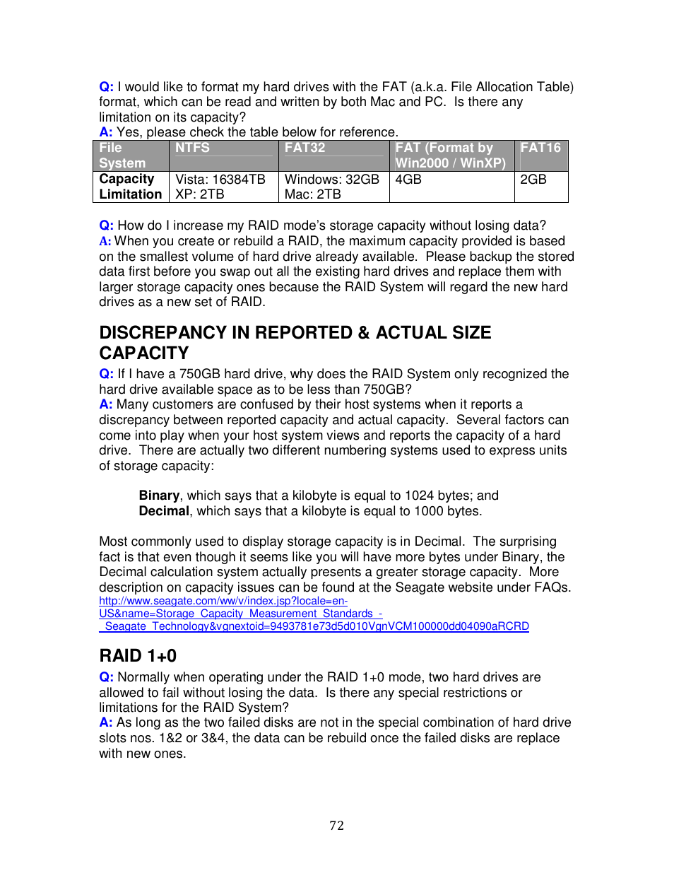 Discrepancy in reported & actual size capacity, Raid 1+0 | Oyen Digital DATATALE RC-M4QJ 4-BAY RAID User Manual | Page 72 / 79