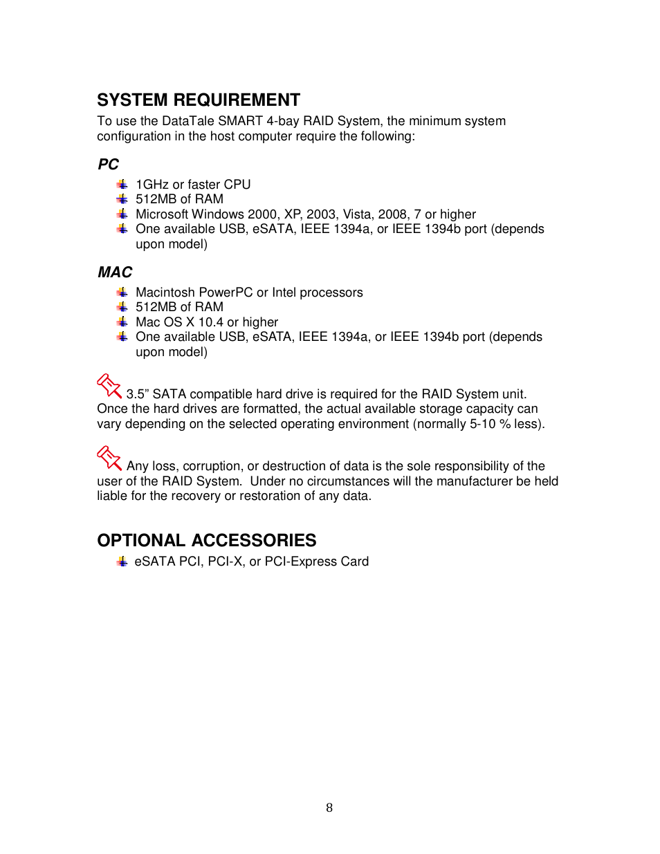 System requirement, Optional accessories | Oyen Digital DATATALE RC-M4QJ 4-BAY RAID User Manual | Page 8 / 79