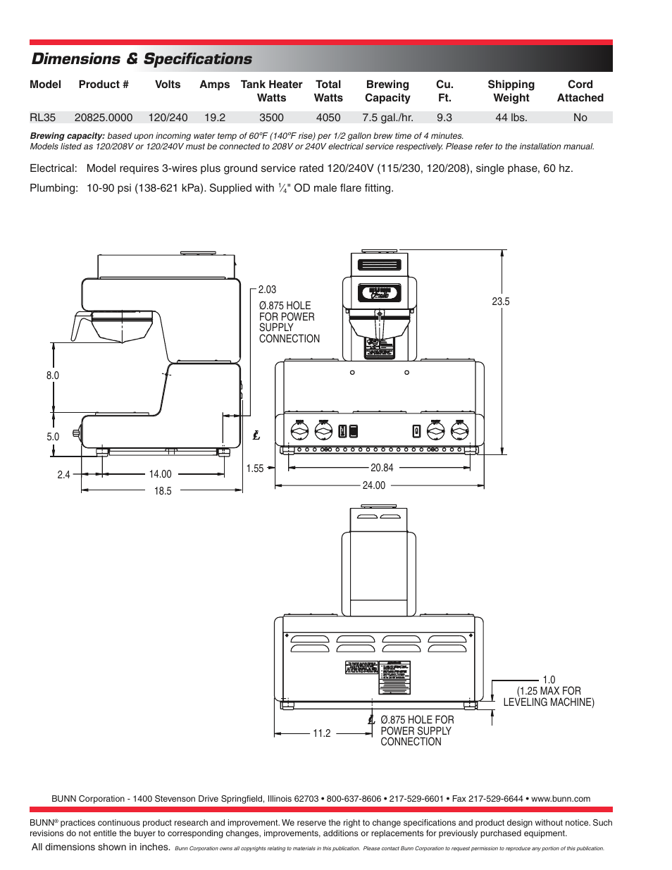 Dimensions & speciﬁcations | Bunn 12 CUP AUTOMATIC COFFEE BREWER RL35 User Manual | Page 2 / 2