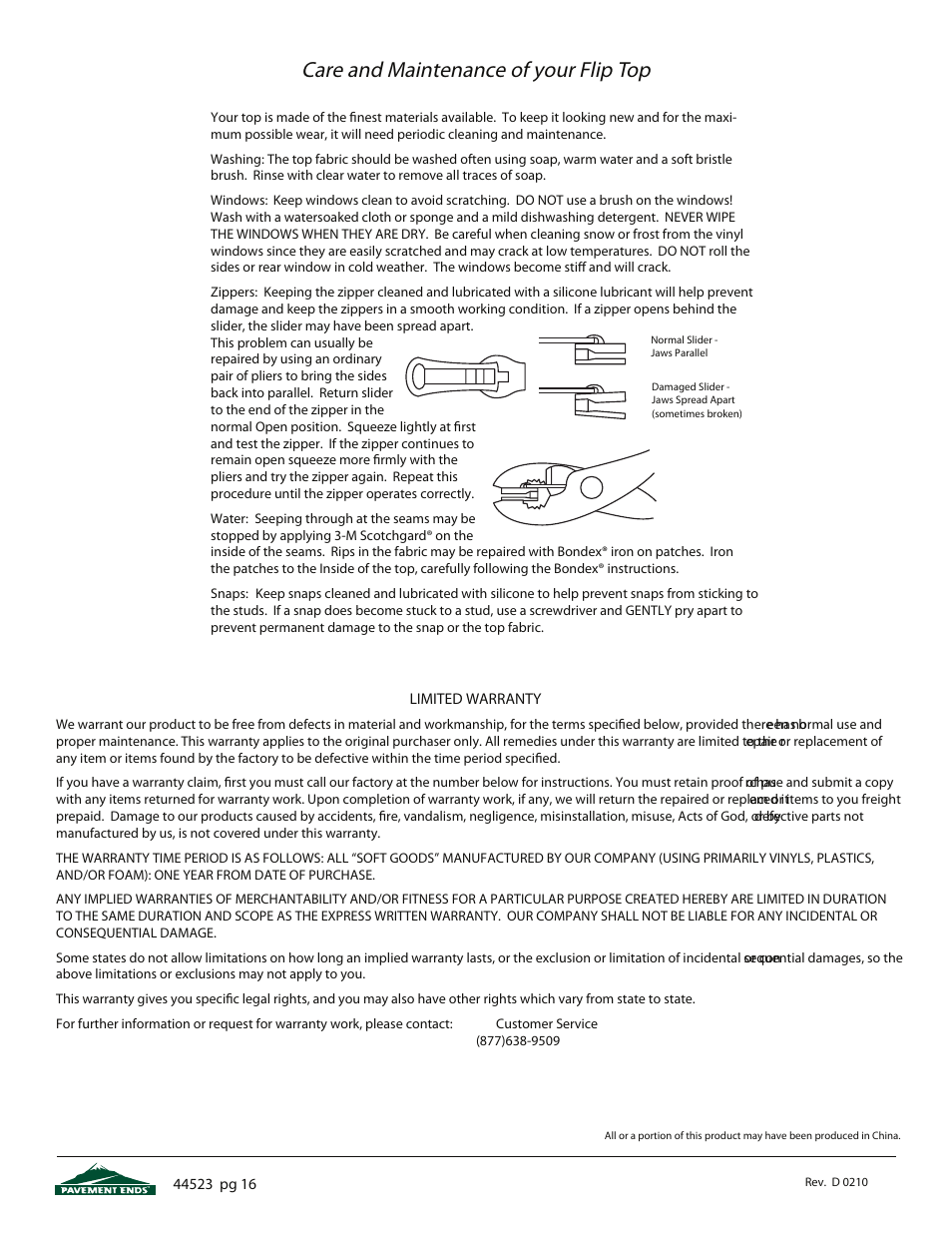 Care and maintenance of your flip top | Pavement Ends 44523 Flip Top User Manual | Page 16 / 16