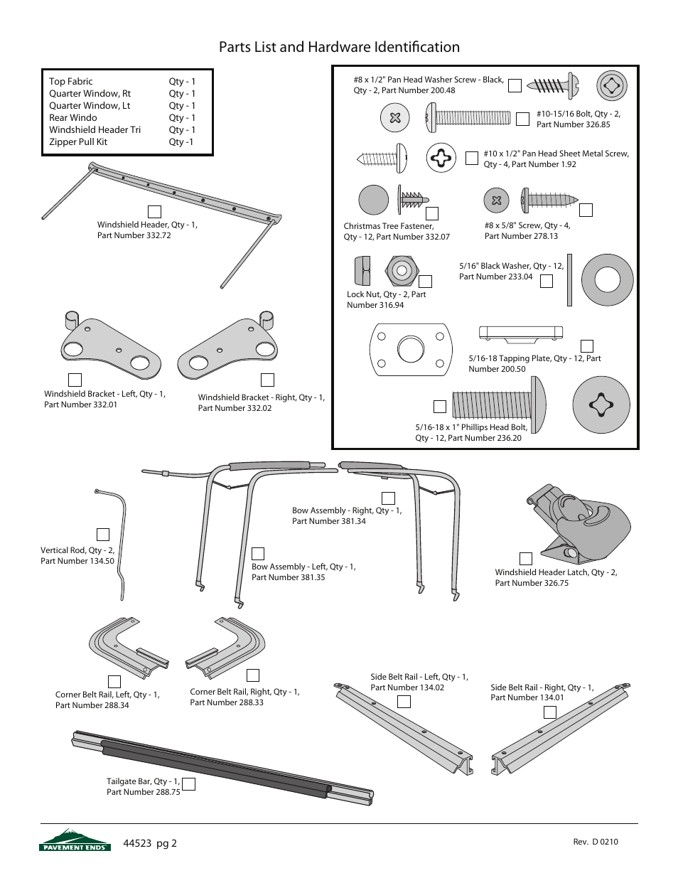 Parts list and hardware identification | Pavement Ends 44523 Flip Top User Manual | Page 2 / 16