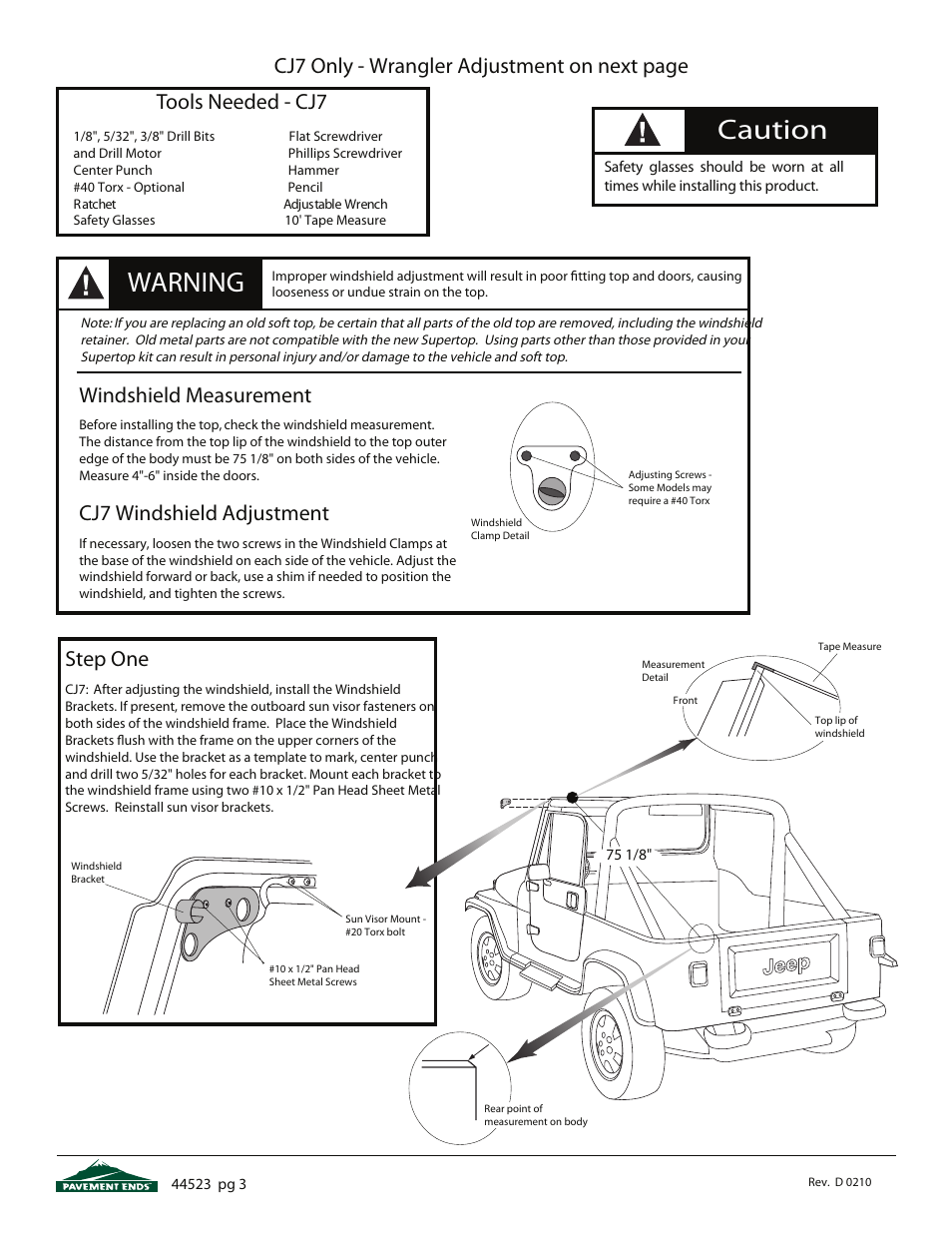 Warning, Caution, Cj7 only - wrangler adjustment on next page | Windshield measurement, Cj7 windshield adjustment, Tools needed - cj7, Step one | Pavement Ends 44523 Flip Top User Manual | Page 3 / 16