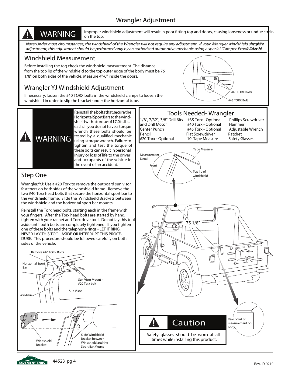 Warning, Caution, Wrangler adjustment tools needed- wrangler | Windshield measurement, Wrangler yj windshield adjustment, Step one | Pavement Ends 44523 Flip Top User Manual | Page 4 / 16