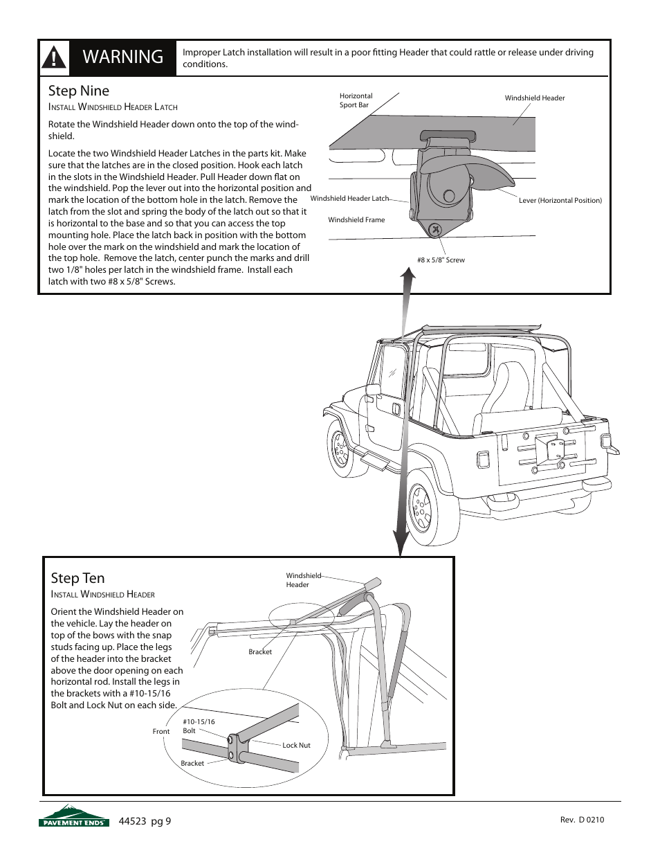 Warning, Step ten, Step nine | Pavement Ends 44523 Flip Top User Manual | Page 9 / 16
