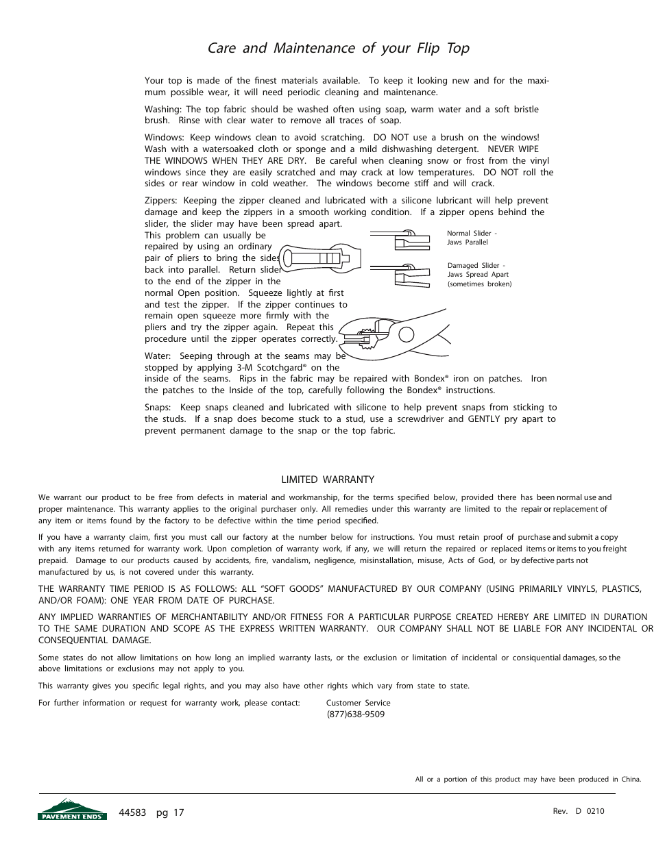 Care and maintenance of your flip top | Pavement Ends 44583 Flip Top User Manual | Page 17 / 17