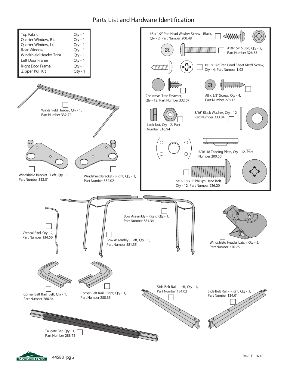 Parts list and hardware identification | Pavement Ends 44583 Flip Top User Manual | Page 2 / 17