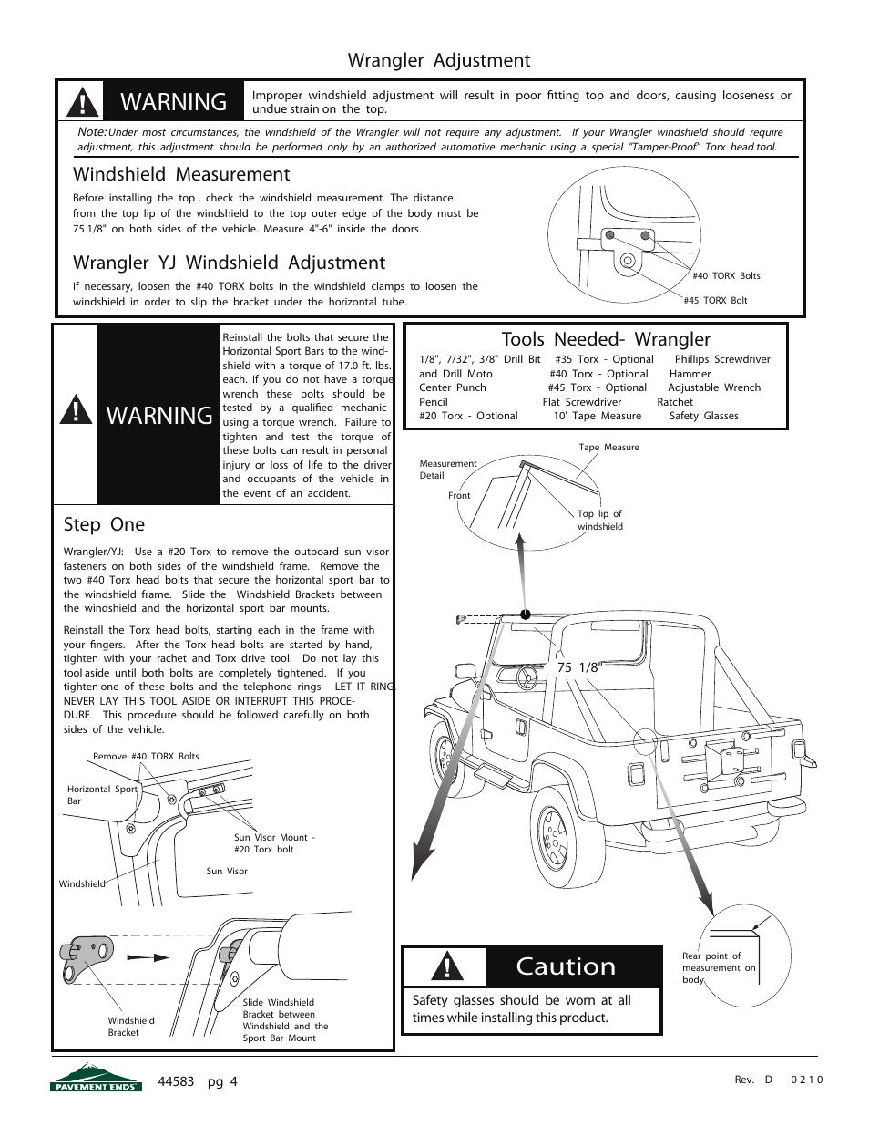 Warning, Caution, Wrangler adjustment tools needed- wrangler | Windshield measurement, Wrangler yj windshield adjustment, Step one | Pavement Ends 44583 Flip Top User Manual | Page 4 / 17