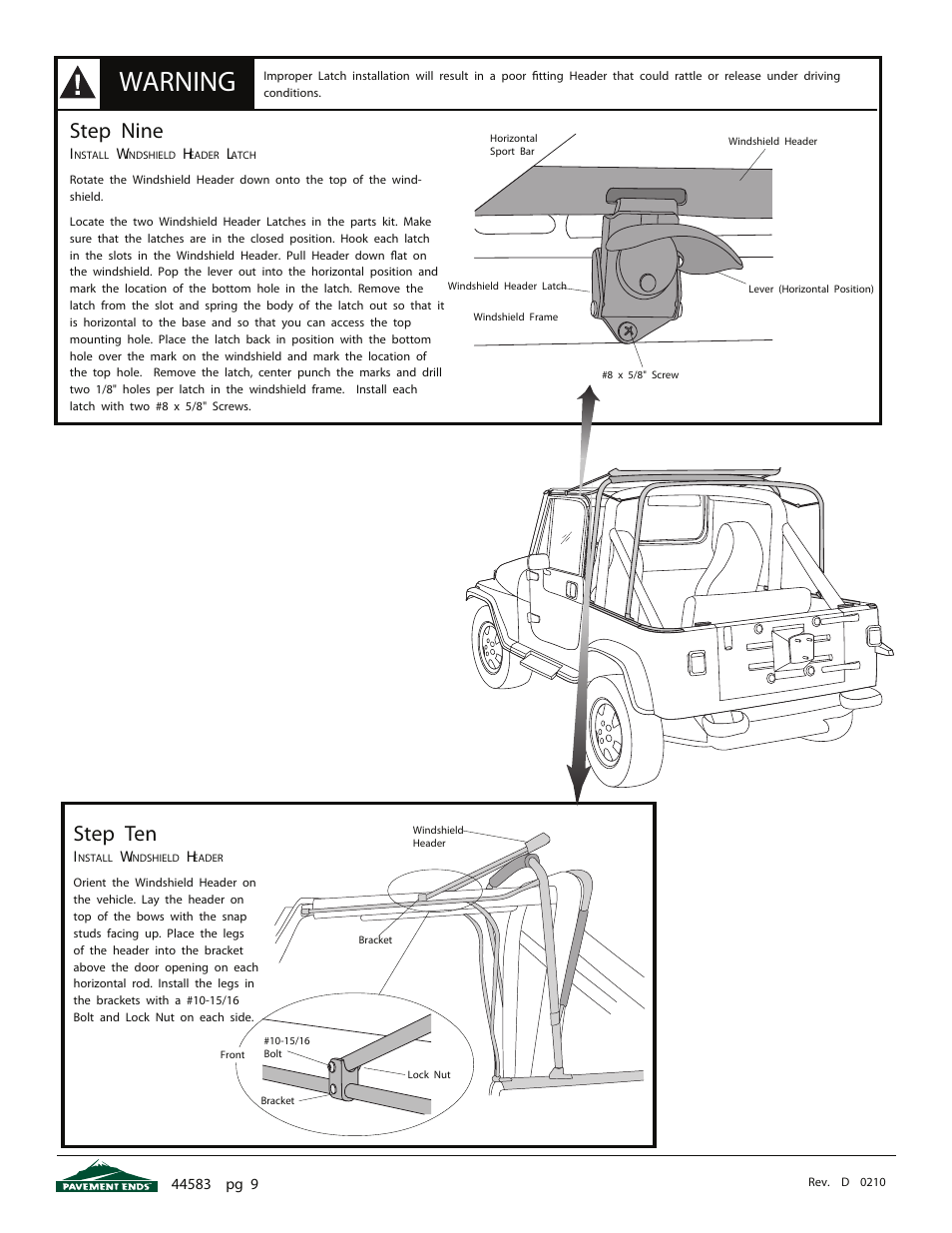 Warning, Step ten, Step nine | Pavement Ends 44583 Flip Top User Manual | Page 9 / 17