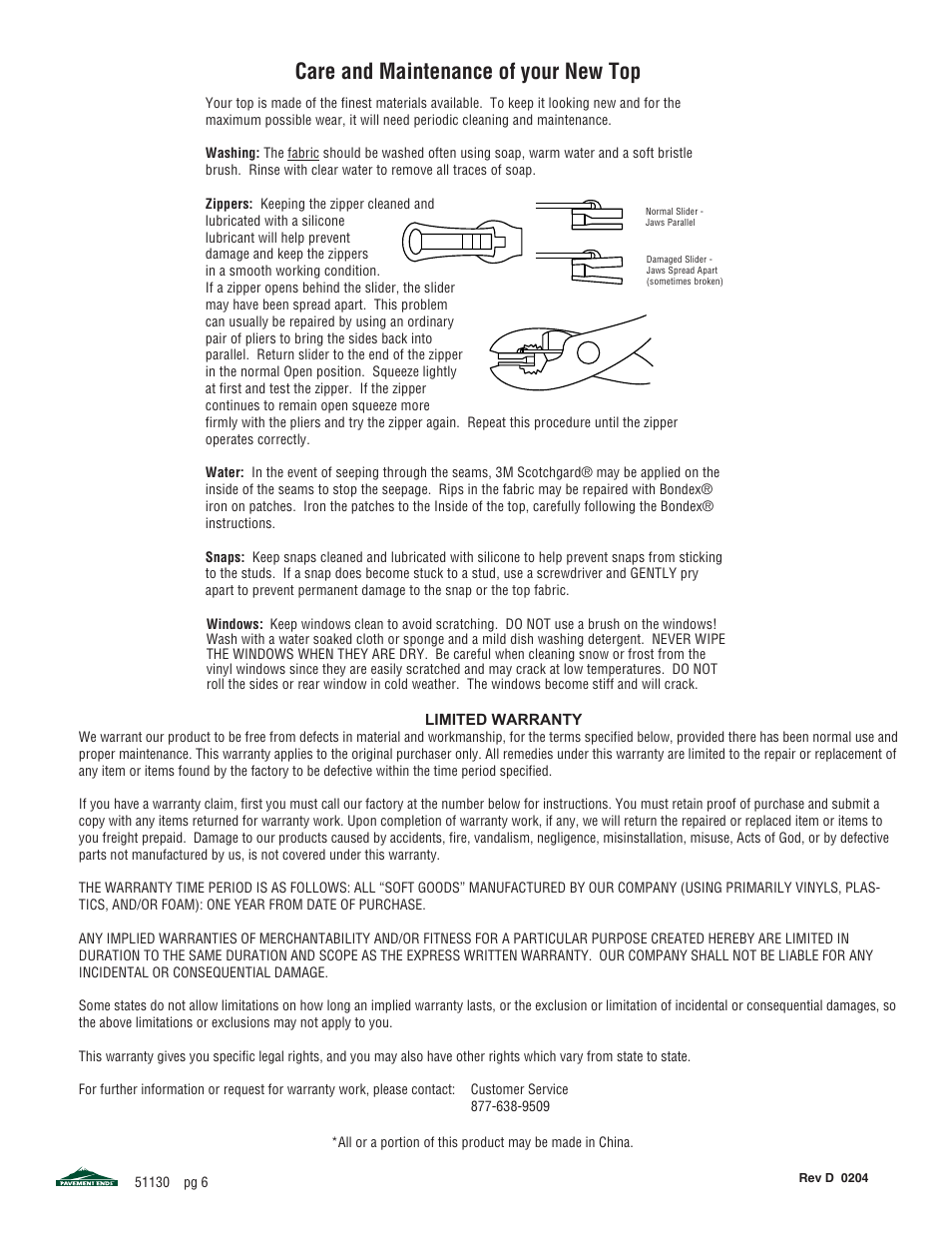 Care and maintenance of your new top | Pavement Ends 51130 Replay User Manual | Page 6 / 6