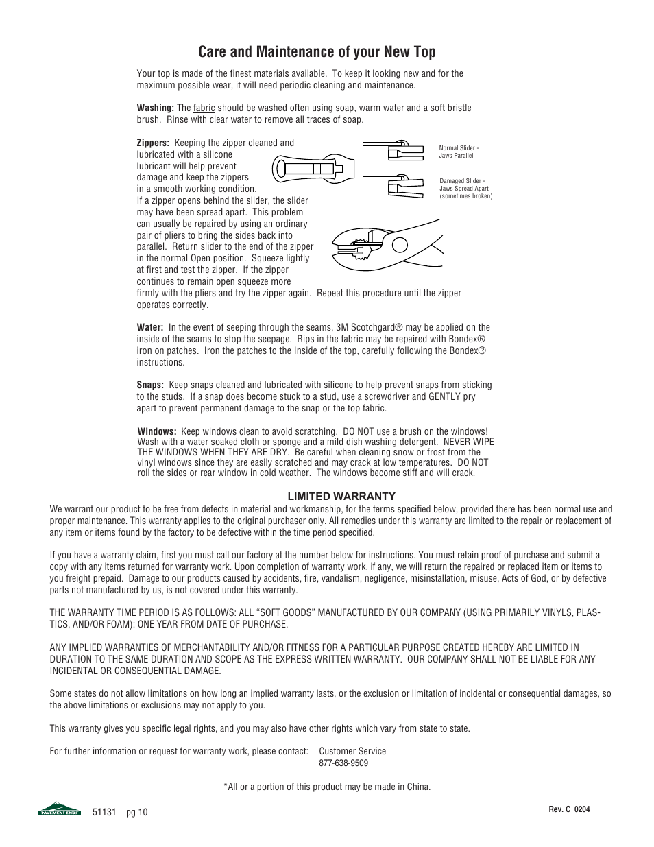 Care and maintenance of your new top | Pavement Ends 51131 Replay User Manual | Page 10 / 10