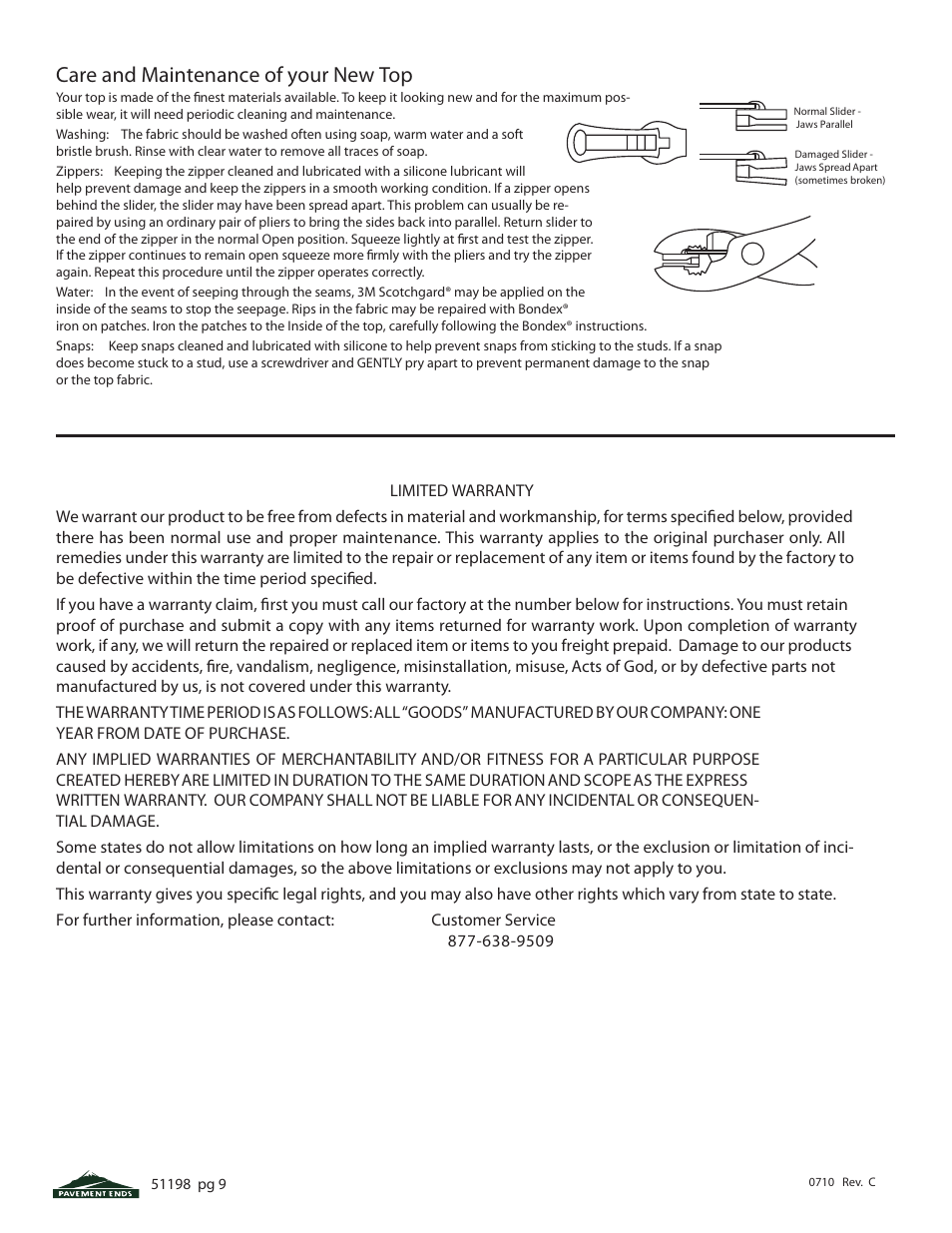 Care and maintenance of your new top | Pavement Ends 51198 Replay User Manual | Page 9 / 9