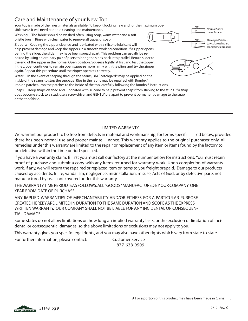 Care and maintenance of your new top | Pavement Ends 51148 Replay User Manual | Page 9 / 9