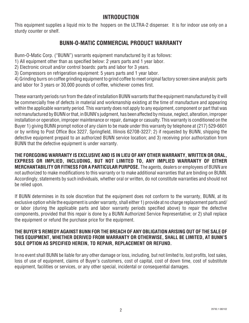 Introduction, Bunn-o-matic commercial product warranty | Bunn dispenser User Manual | Page 2 / 34