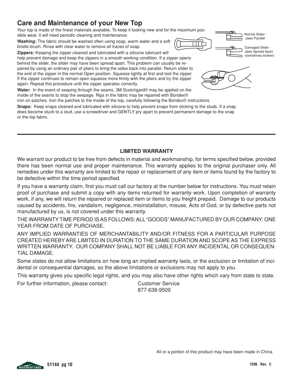 Care and maintenance of your new top | Pavement Ends 51144 Replay User Manual | Page 10 / 10
