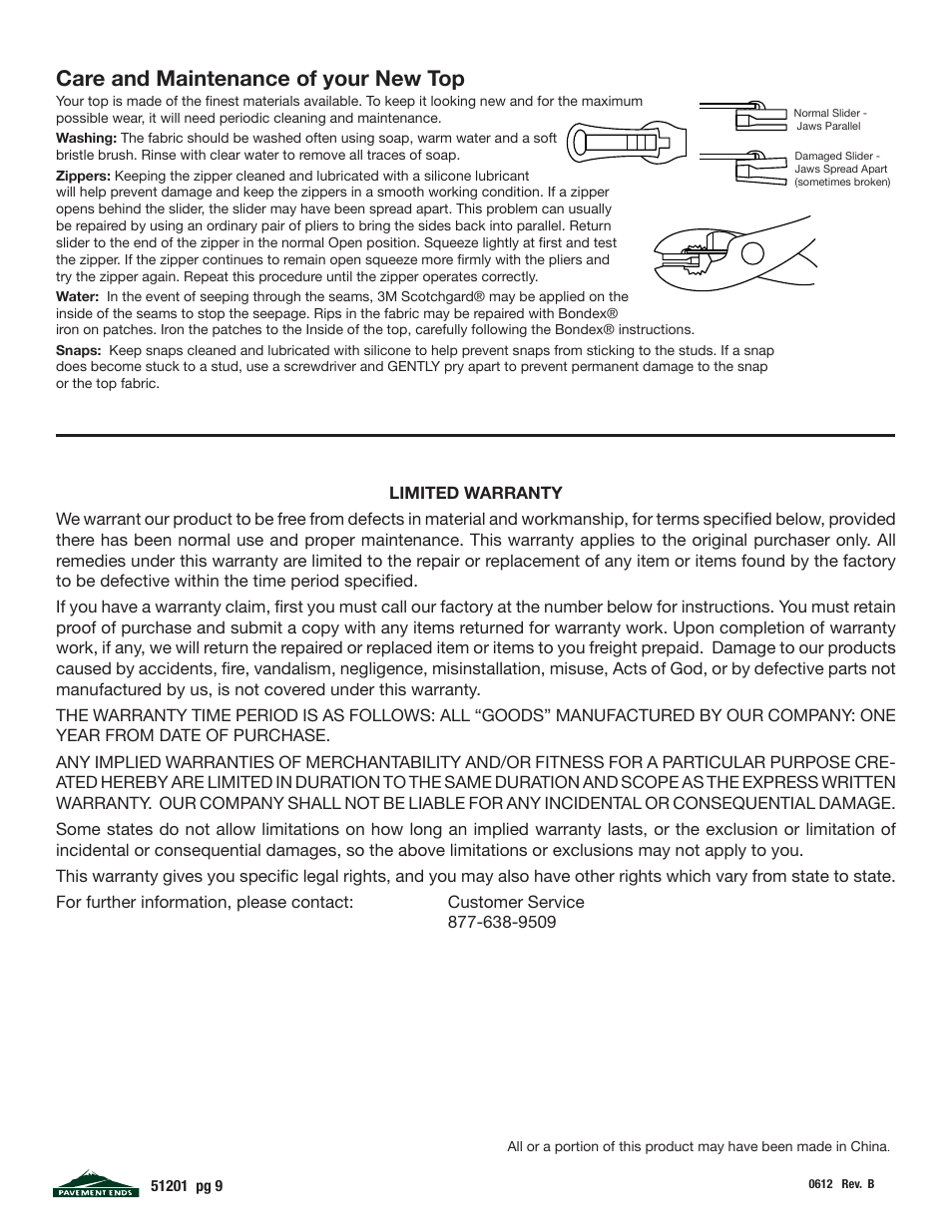 Care and maintenance of your new top | Pavement Ends 51201 Replay User Manual | Page 9 / 9