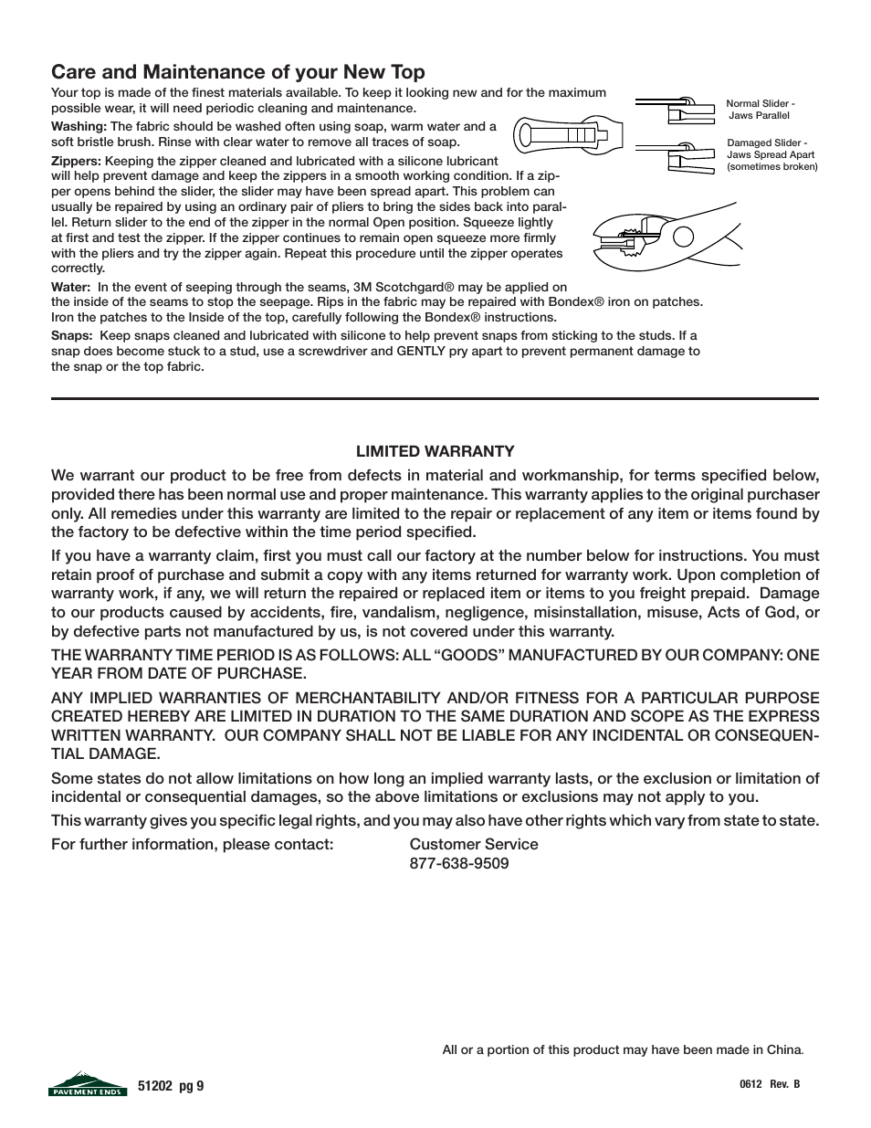 Care and maintenance of your new top | Pavement Ends 51202 Replay User Manual | Page 9 / 9