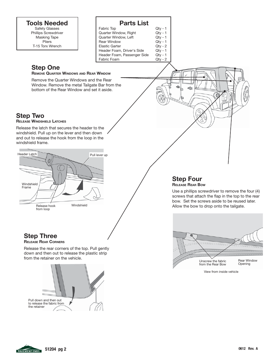 Tools needed, Parts list, Step one | Step two, Step three, Step four | Pavement Ends 51204 Replay User Manual | Page 2 / 9