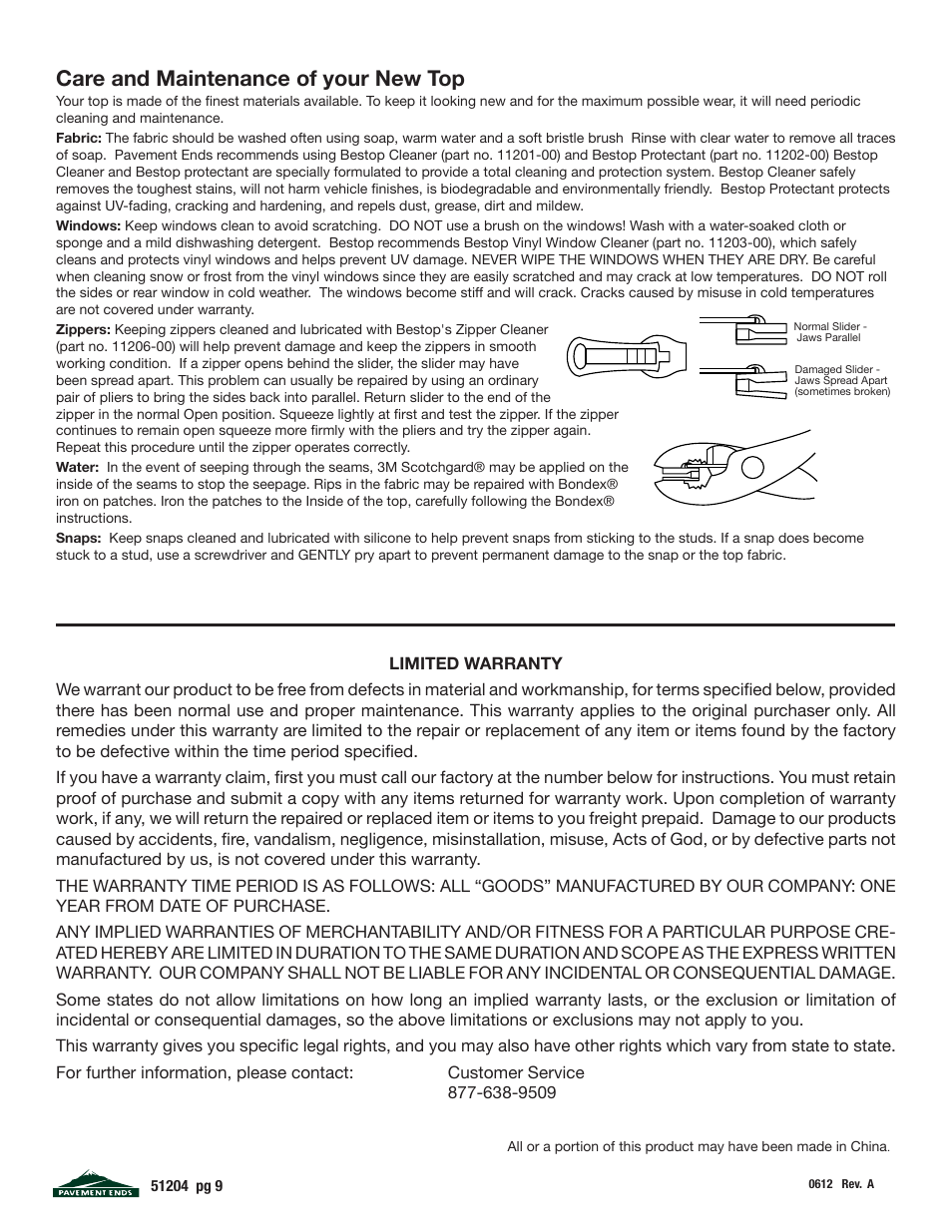 Care and maintenance of your new top | Pavement Ends 51204 Replay User Manual | Page 9 / 9