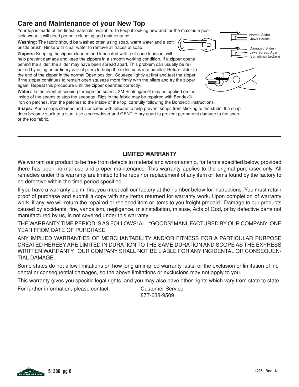 Care and maintenance of your new top | Pavement Ends 51380 Replay User Manual | Page 6 / 6