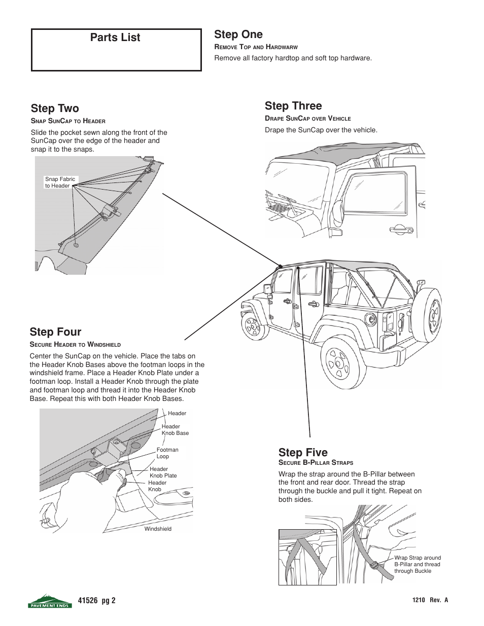 Parts list step two, Step four, Step three | Step five, Step one | Pavement Ends 41526 Sun Cap User Manual | Page 2 / 4