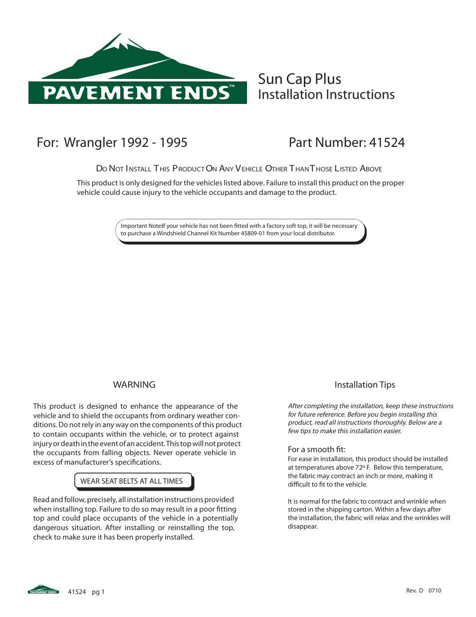 Pavement Ends 41524 Sun Cap User Manual | 4 pages