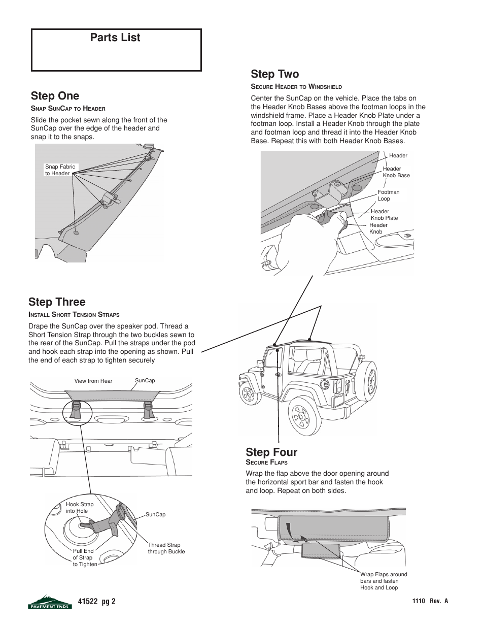 Parts list step one, Step two, Step three | Step four | Pavement Ends 41522 Sun Cap User Manual | Page 2 / 4