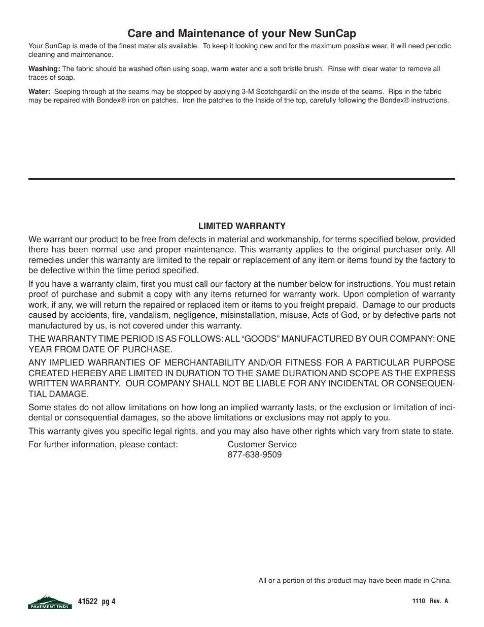 Care and maintenance of your new suncap | Pavement Ends 41522 Sun Cap User Manual | Page 4 / 4