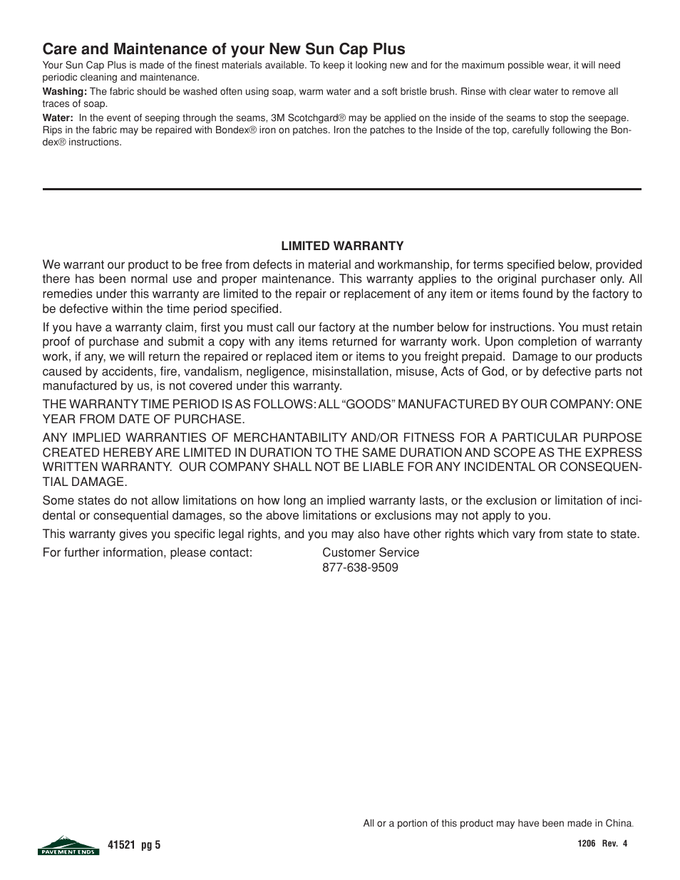 Care and maintenance of your new sun cap plus | Pavement Ends 41521 Sun Cap User Manual | Page 5 / 5