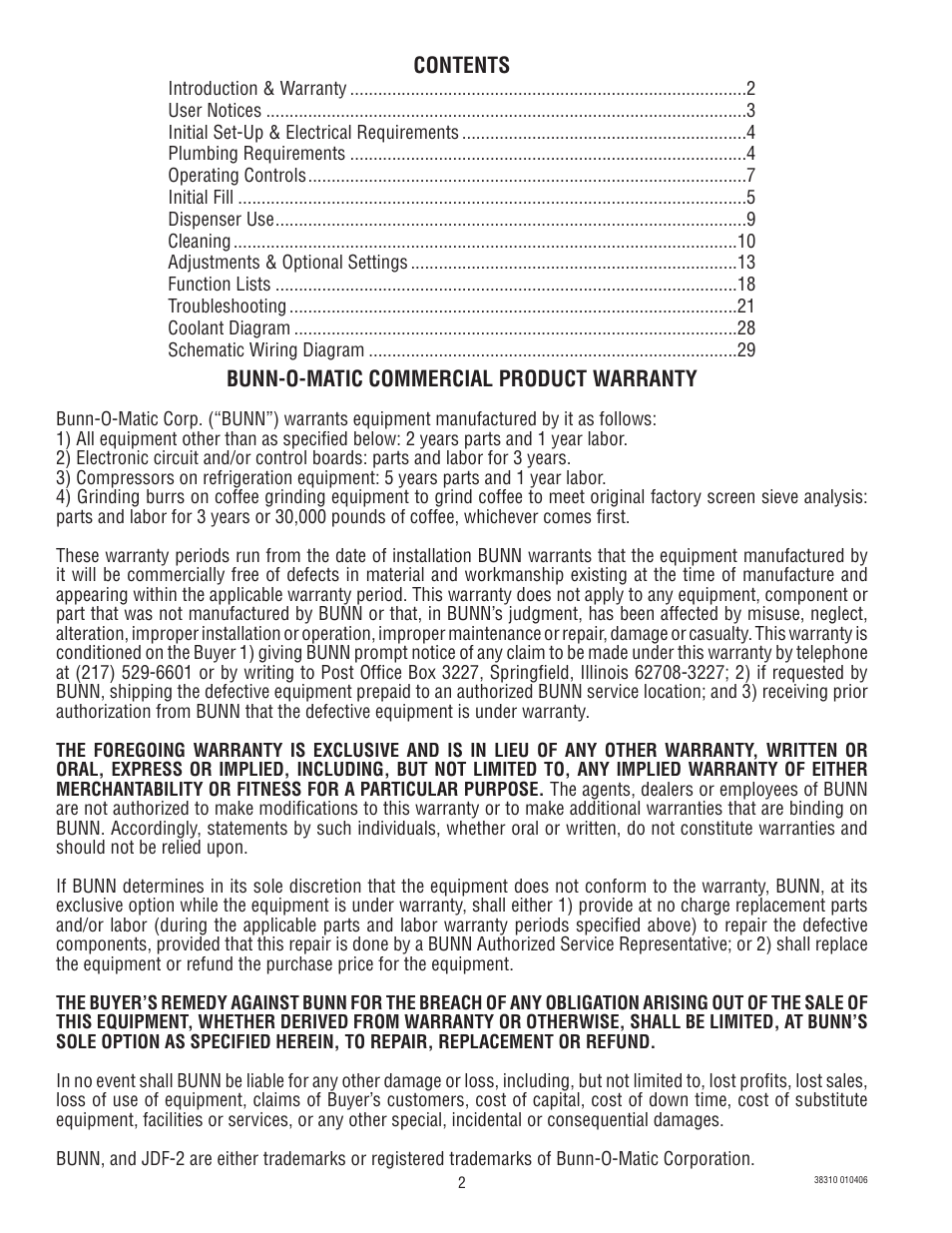 Bunn JDF-2N User Manual | Page 2 / 32