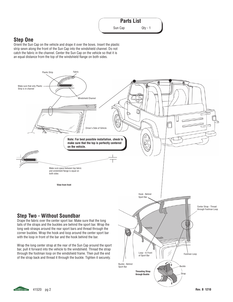 Step one, Parts list, Step two - without soundbar | Pavement Ends 41520 Sun Cap User Manual | Page 2 / 4