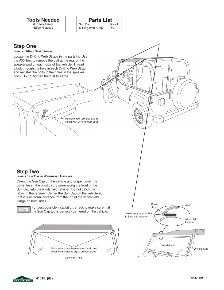 Tools needed, Parts list, Step one | Step two | Pavement Ends 41518 Sun Cap User Manual | Page 2 / 5