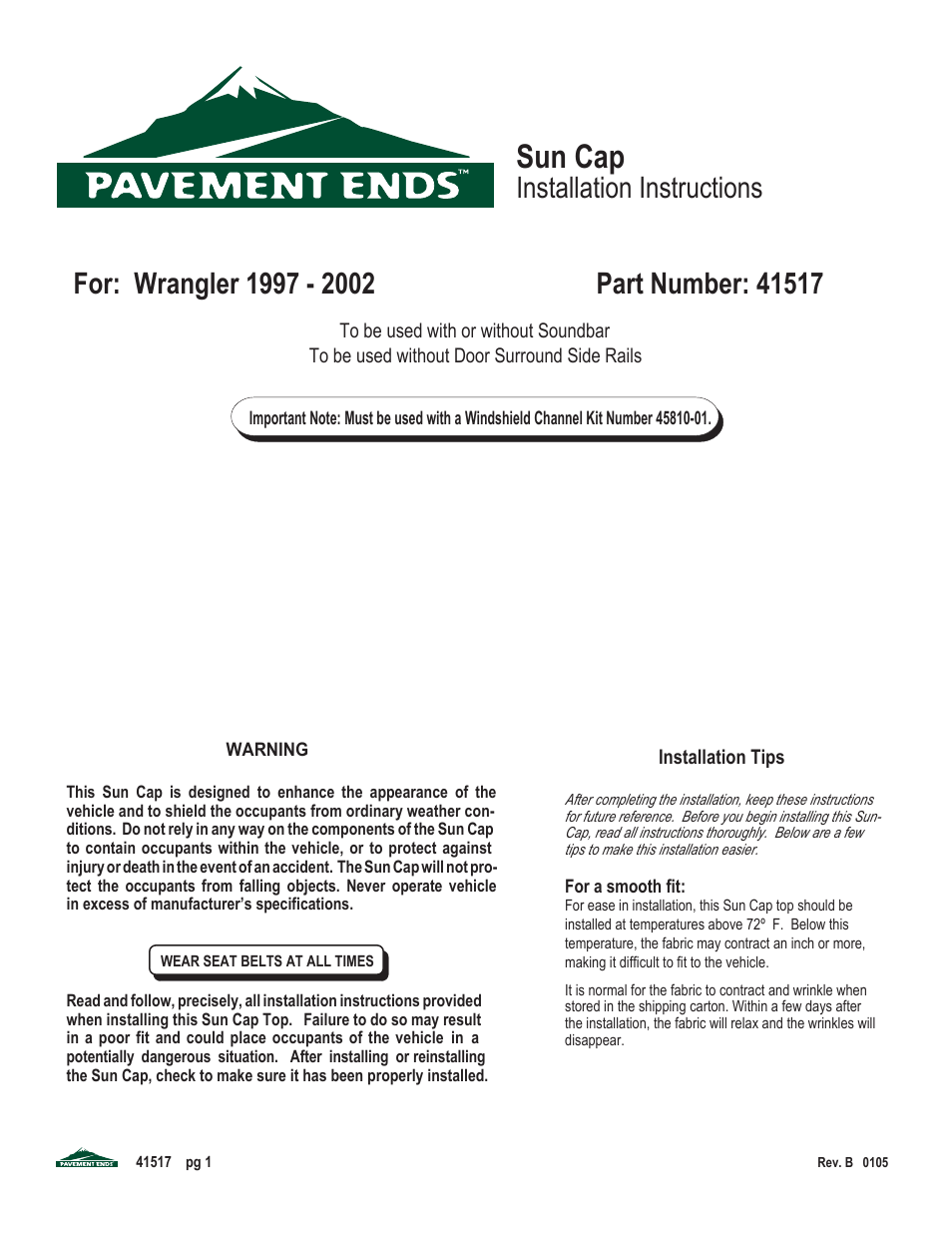 Pavement Ends 41517 Sun Cap User Manual | 4 pages