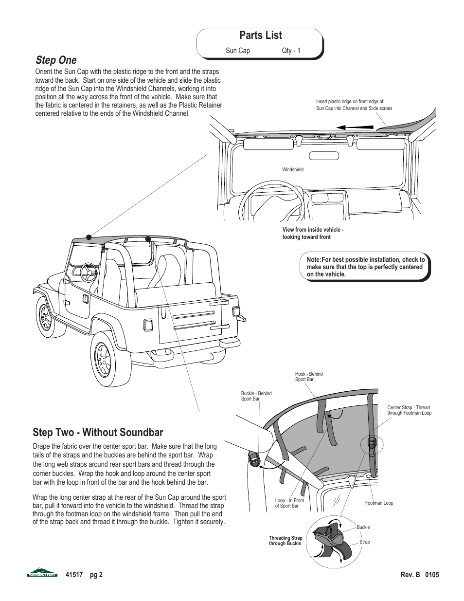 Parts list, Step one, Step two - without soundbar | Pavement Ends 41517 Sun Cap User Manual | Page 2 / 4