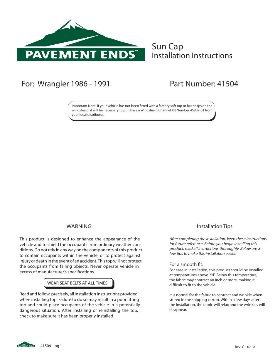 Pavement Ends 41504 Sun Cap User Manual | 3 pages